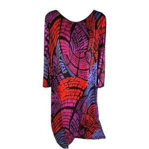 Bob Mackie Dress Large Pink Purple Red Blue Print Slinky Travel Art to Wear Maxi